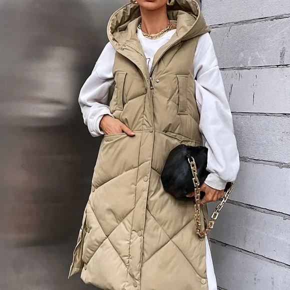 Khaki Casual Womens Pocket Zip Up Hooded Puffer Vest Coat - Picture 4 of 5